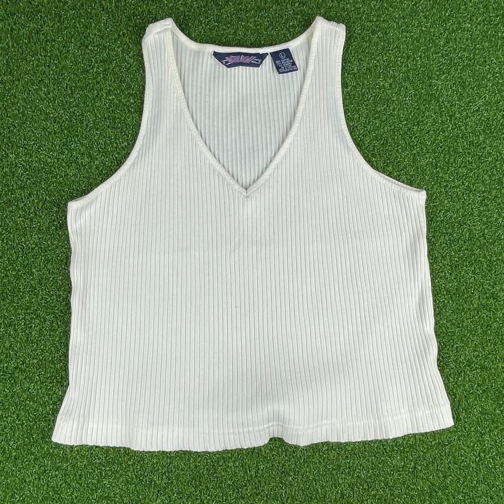 Vintage Y2K JOUJOU White Ribbed Basic V Neck Racer Back Tank Sz L